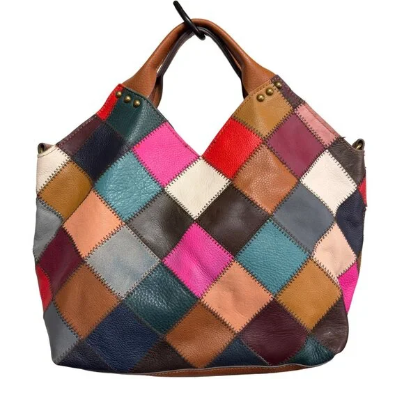 Booba Patchwork Leather Tote Bag Multicolor Squares Brown Handles Dopamine Boho - Picture 7 of 16